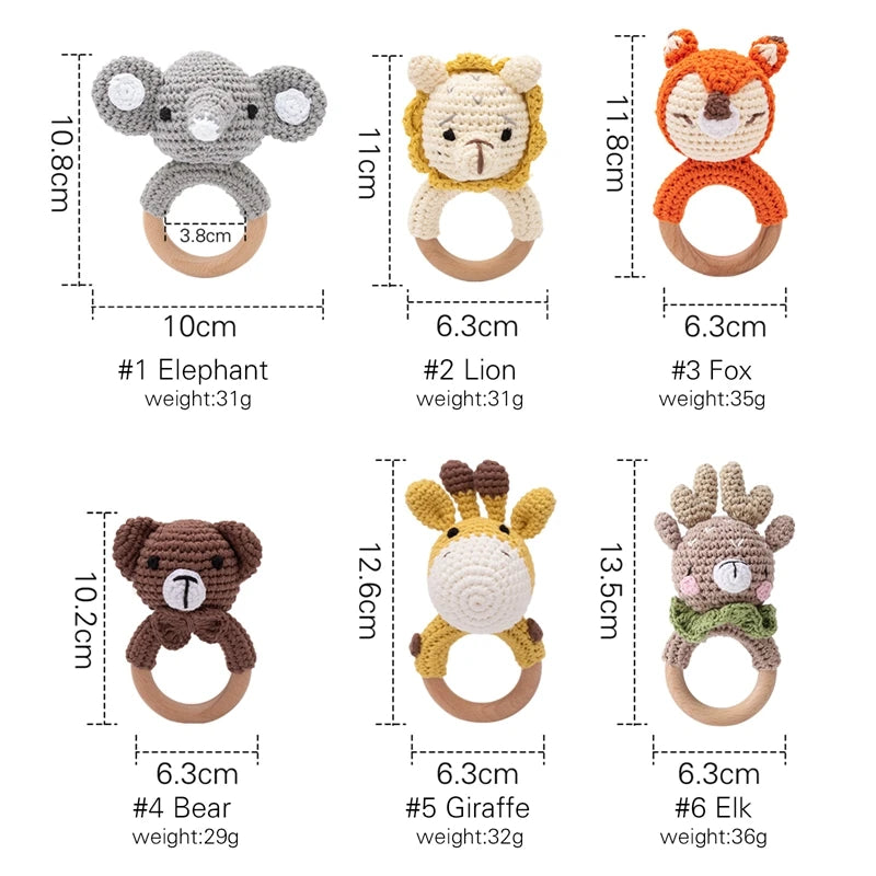Handcrafted Wooden Crochet Animal Rattle for Babies
