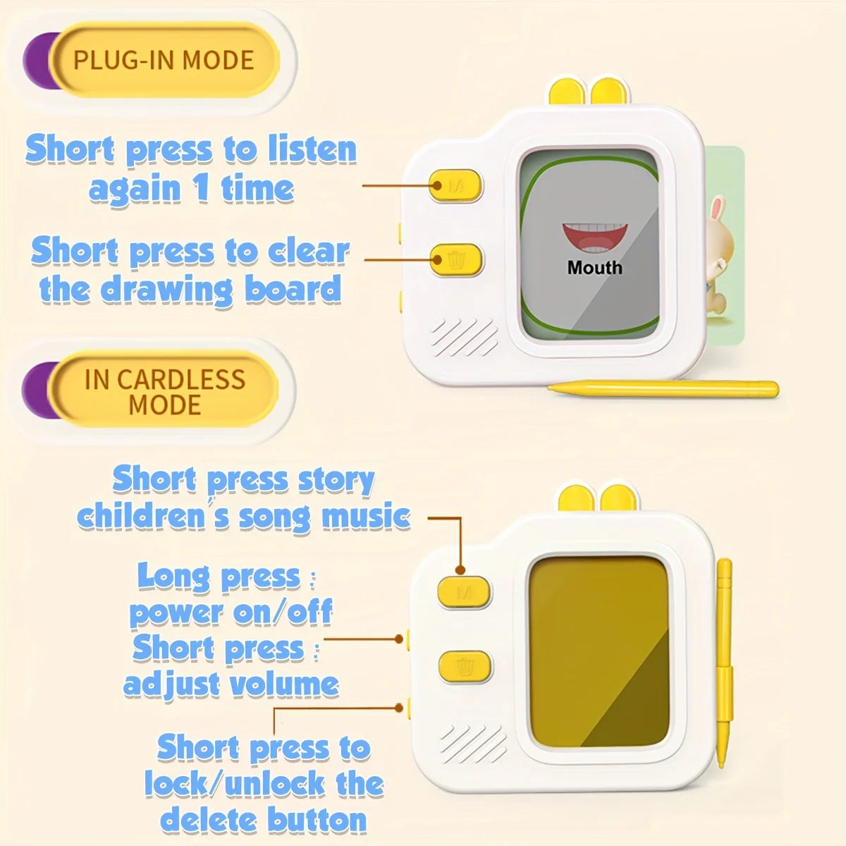 A white electronic learning device with a drawing board and buttons, showing instructions for plug-in and cordless modes.