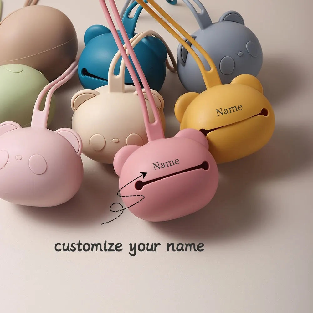 A collection of soft silicone panda-themed pacifier storage bags in various pastel colors and shades.