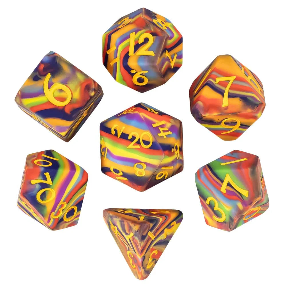A set of silicone polyhedral dice, including a d6, d8, d10, d12, and d20, displayed on a white background.