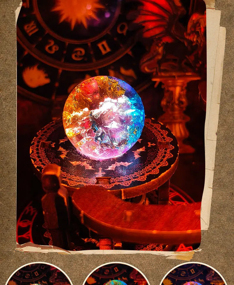 A glass orb with internal light rests on a wooden stand in a dark, mystical setting.