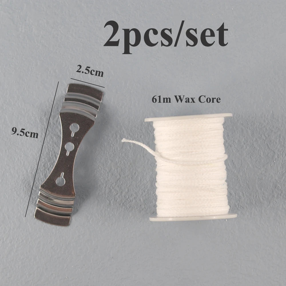 Two pre-waxed cotton candle wicks with metal sustainers and a 61m wax core are shown.