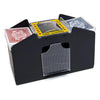 A black automatic card shuffler device with a dispenser tray for shuffling cards.