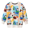 A kids cotton whale print long sleeve pullover sweatshirt featuring various colorful construction vehicles.
