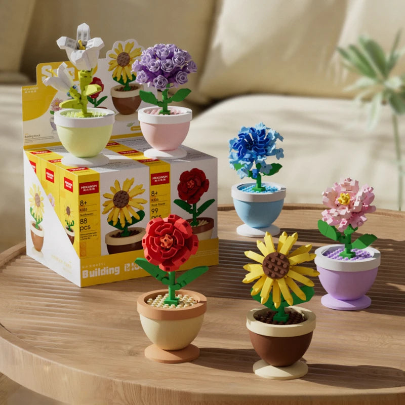 Building Block Flower Pot Set – Roses, Sunflowers & Carnations