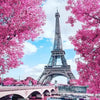 A vibrant pink cherry blossom tree frames the Eiffel Tower in Paris against a blue sky and water.