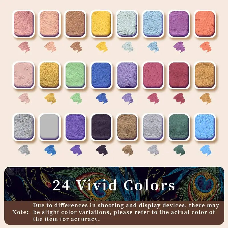 A collection of 24 pearlescent watercolor paint shades arranged in rows on a light background.