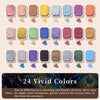 A collection of 24 pearlescent watercolor paint shades arranged in rows on a light background.