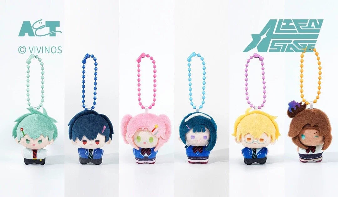 A collection of five mini plush blind box charms featuring various hair colors and styles.