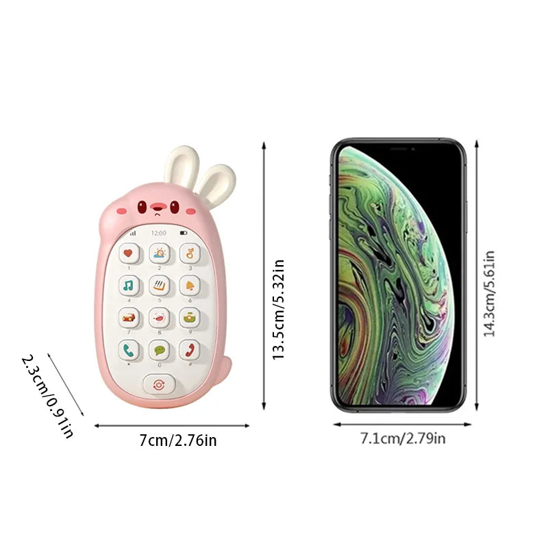 A pink, rabbit-shaped interactive toy phone for early learning, shown with dimensions.