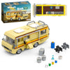 A yellow Breaking Bad RV building blocks set model kit shown in packaging and assembled form with various accessories.