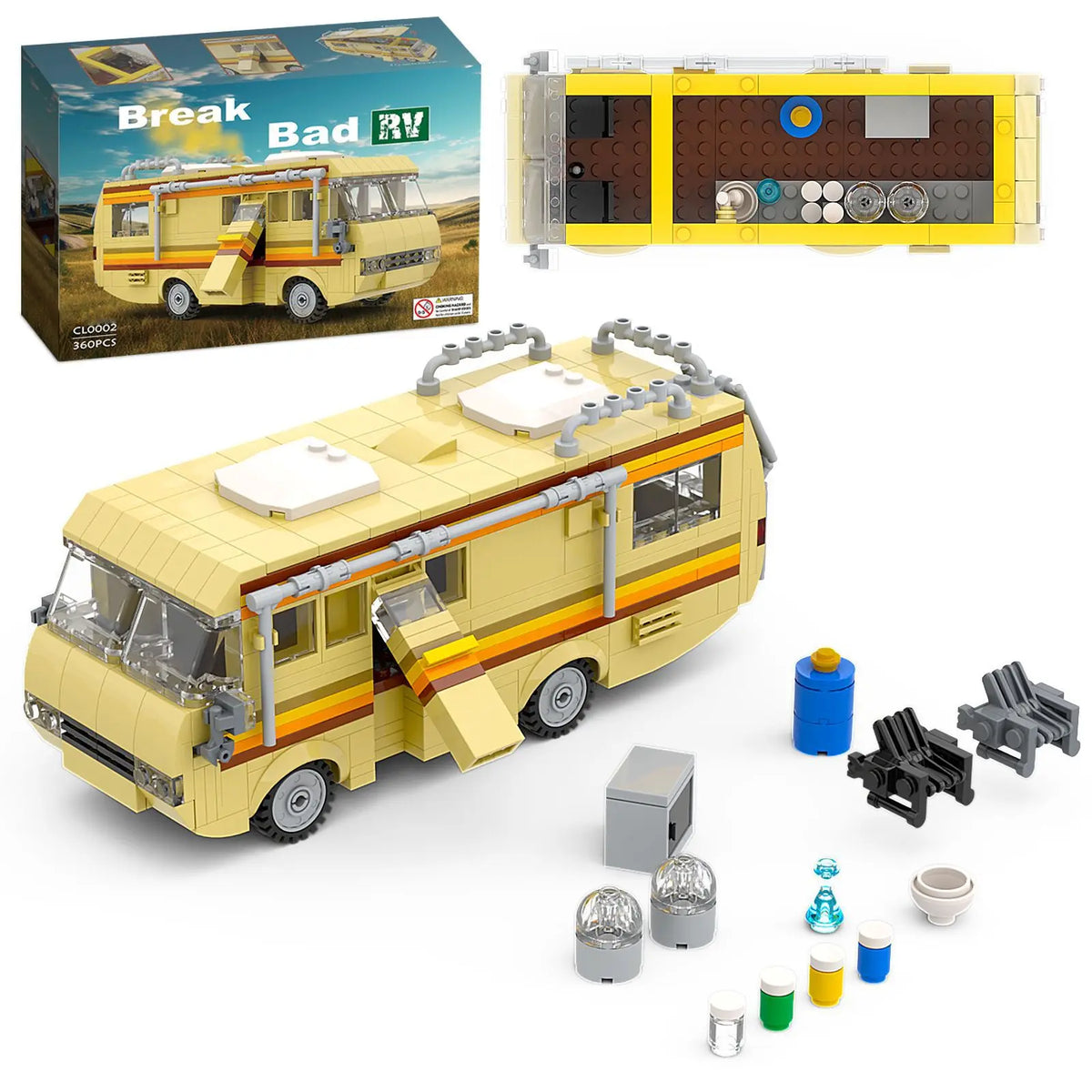 A yellow Breaking Bad RV building blocks set model kit shown in packaging and assembled form with various accessories.