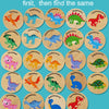 A set of wooden dinosaur puzzle cards showing two different dinosaurs that look alike for memory matching.