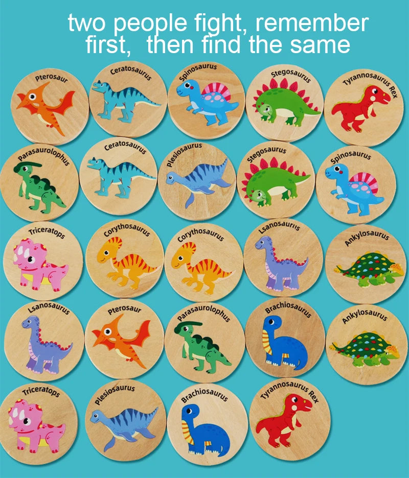 A set of wooden dinosaur puzzle cards showing two different dinosaurs that look alike for memory matching.