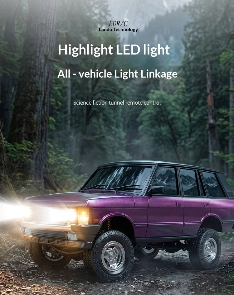 A purple 1980s SUV is shown in a forest setting, highlighting its LED lights for vehicle light linkage.