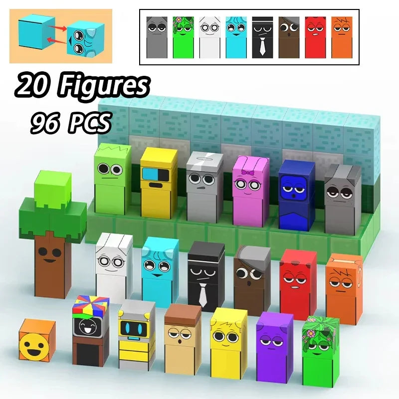 A collection of 20 colorful magnetic building blocks in various shapes and colors displayed on a green surface.