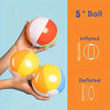 A hand holds a 5 inch inflatable ball, showing both inflated and deflated states.