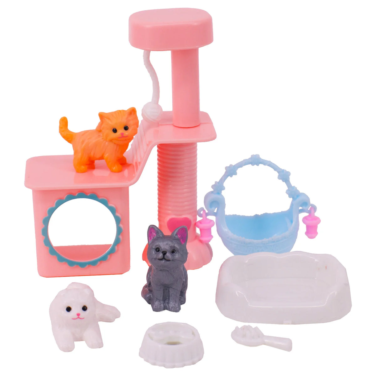 A pink mini dollhouse cleaning and medical accessory set featuring a pink stand, an orange cat figure, a gray cat figure, and