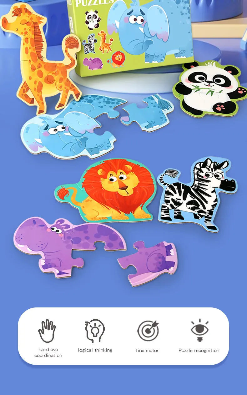 A collection of colorful cartoon animal jigsaw puzzles featuring a giraffe, panda, lion, tiger, and elephant.