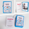 A set of colorful English vocabulary flashcards featuring themes like Family, House, and Kitchen.