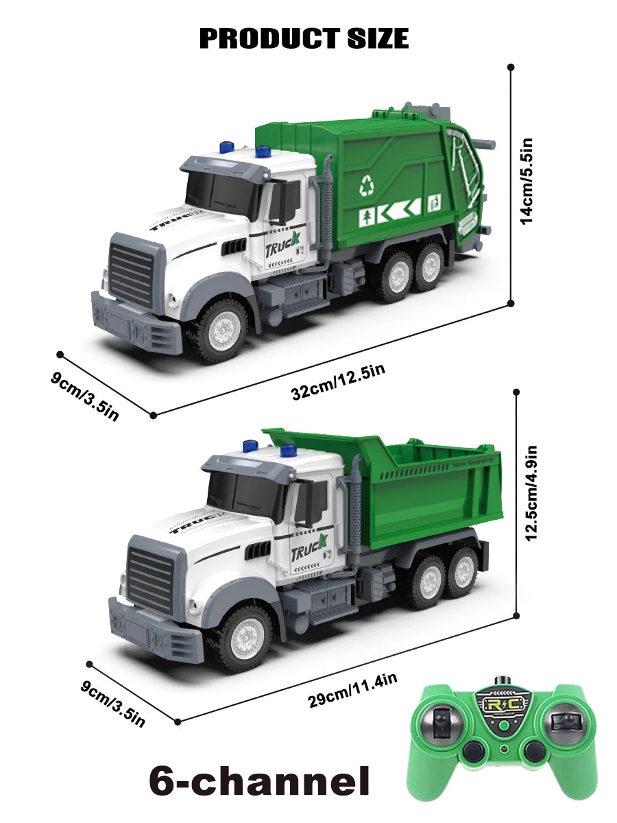 A green and white model truck featuring lights and sounds, shown from the side and a top view.