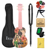 A ukulele starter kit featuring a pink body with a Hawaiian floral design, along with a black strap and tuner.