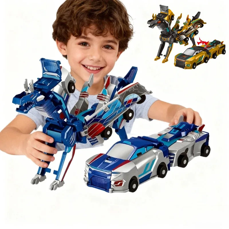 A boy holds a blue transforming dinosaur car set with magnetic connectors and a separate yellow vehicle model.