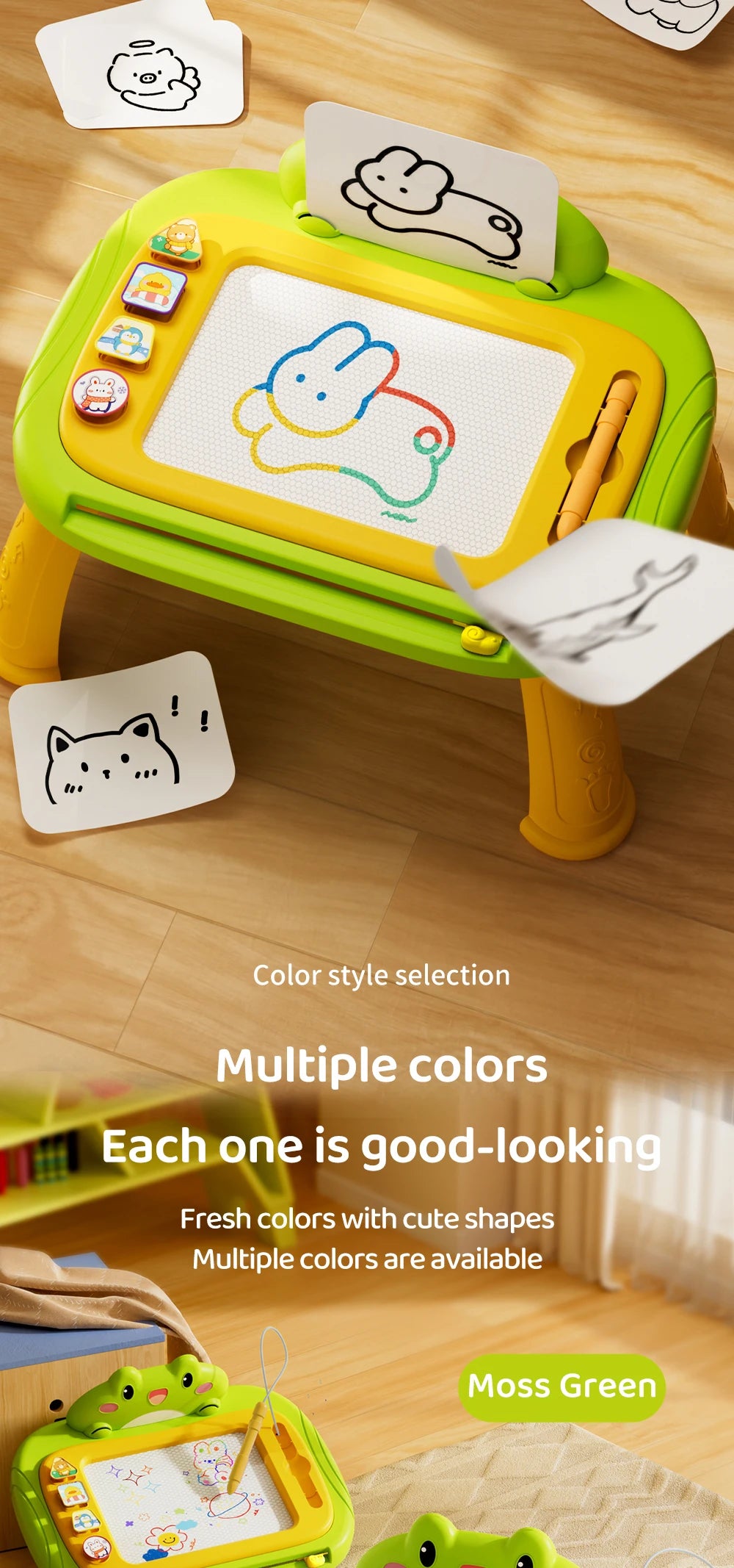 A yellow magnetic painting board with a rabbit design and a moss green version, showing multiple color style selections.