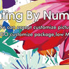 A colorful painting by numbers kit featuring flowers and landscapes, with paint, brushes, and packaging options visible.