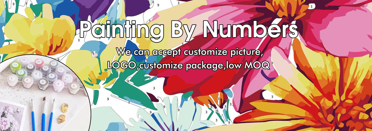 A colorful painting by numbers kit featuring flowers and landscapes, with paint, brushes, and packaging options visible.