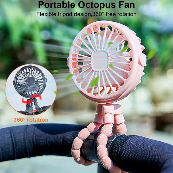 A pink portable octopus fan with a flexible tripod design is shown being used on an arm.
