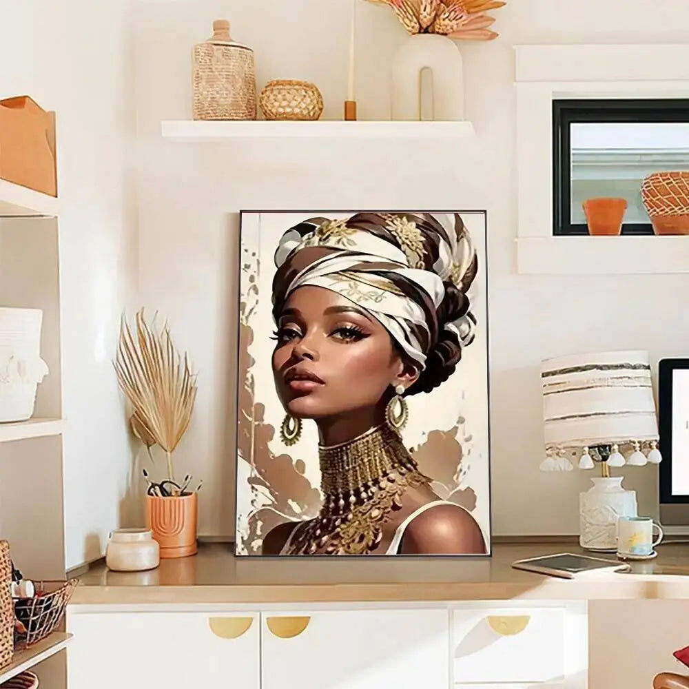 A close-up portrait of a woman with intricate gold jewelry and a patterned head wrap, displayed in a framed print.