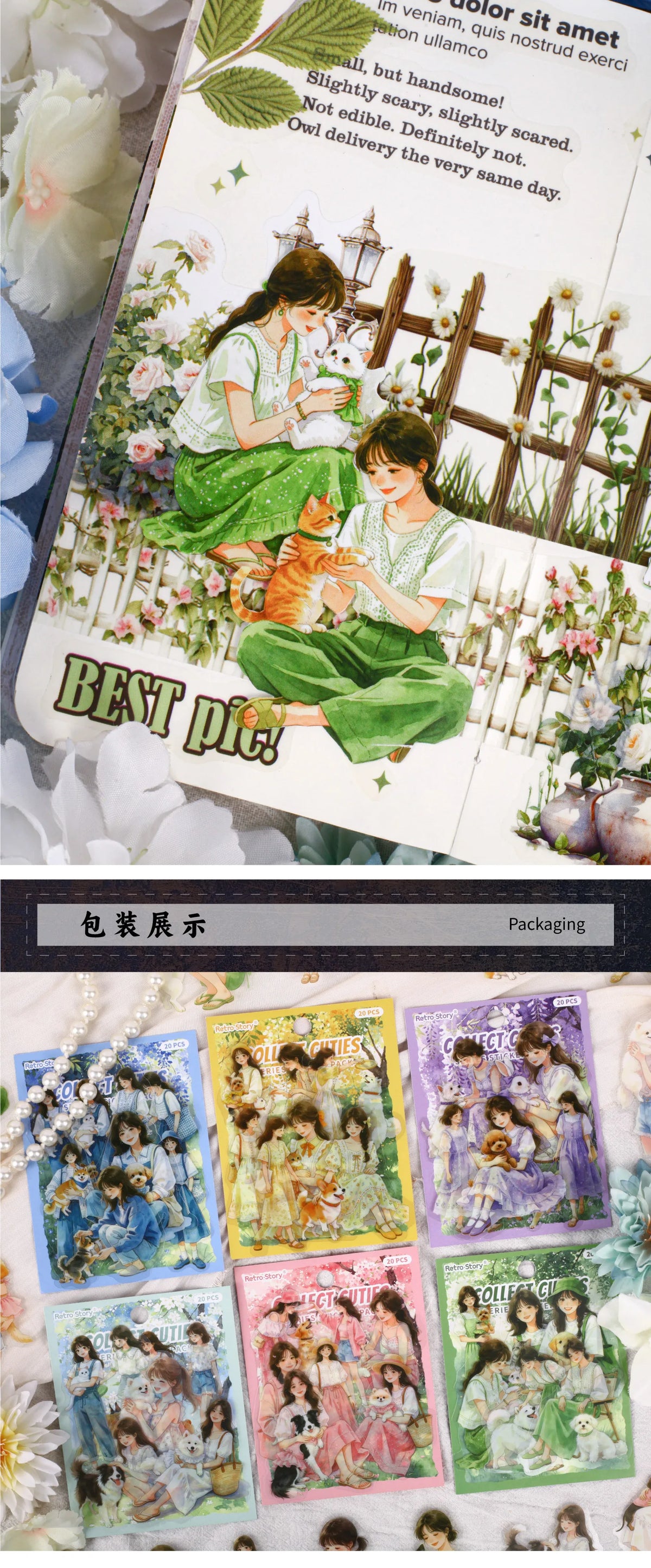 A collection of stickers featuring girls and pets in various aesthetic styles.