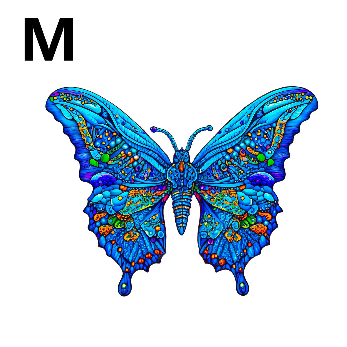 A vibrant blue and green butterfly jigsaw puzzle featuring irregular animal-shaped pieces.