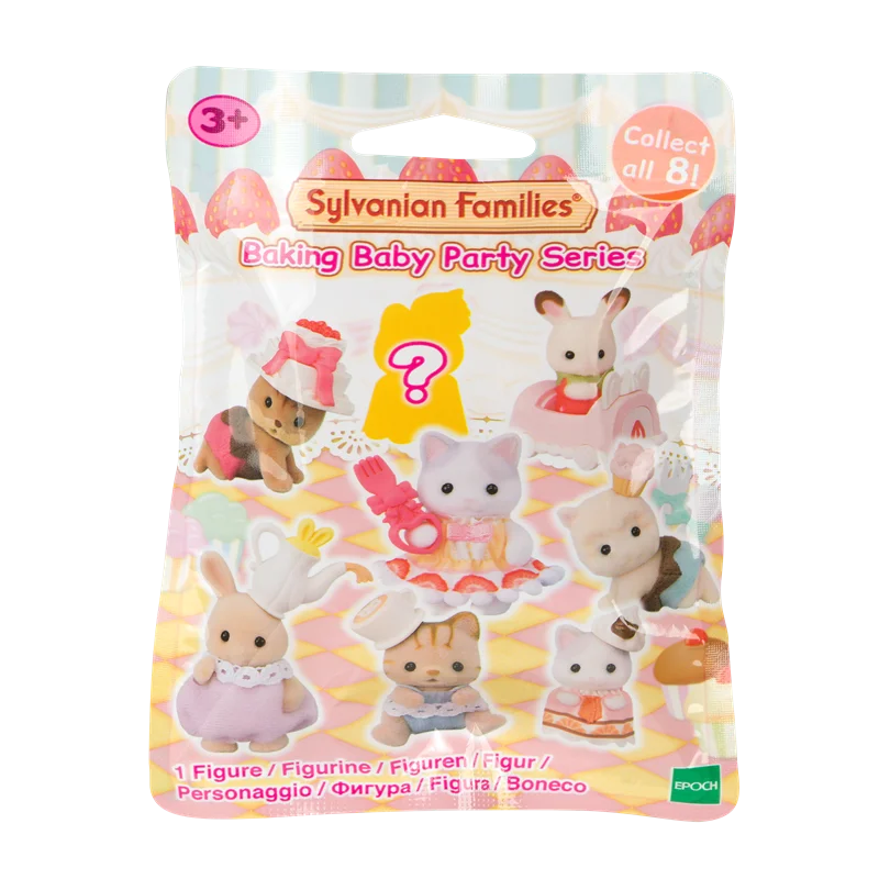 A sealed package of Sylvanian Families Baking Baby Party Series blind bag featuring various figures.