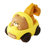 A yellow push car shaped like a bear is shown from the side.