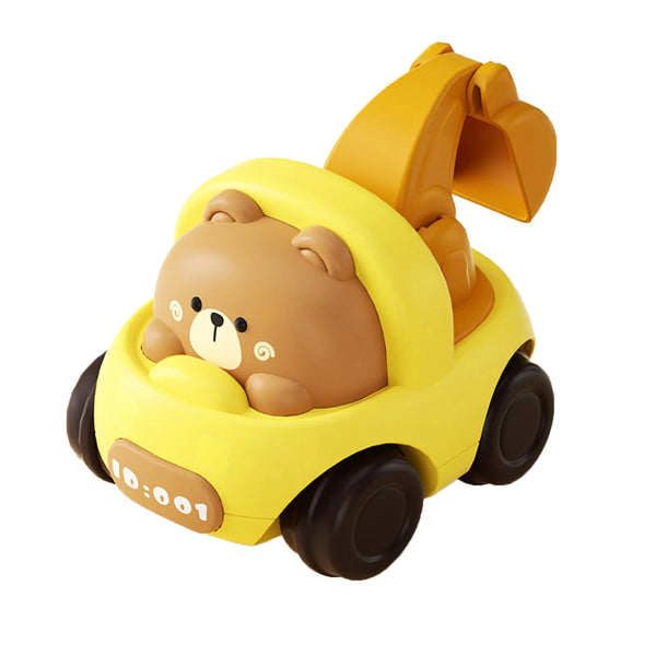 A yellow push car shaped like a bear is shown from the side.