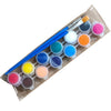 A set of twelve acrylic paint colors in small pots with a brush packaged in a clear plastic sleeve for art projects
