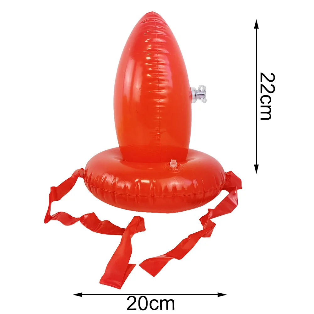 An orange inflatable Easter egg and spoon race game set for kids, shown with dimensions.
