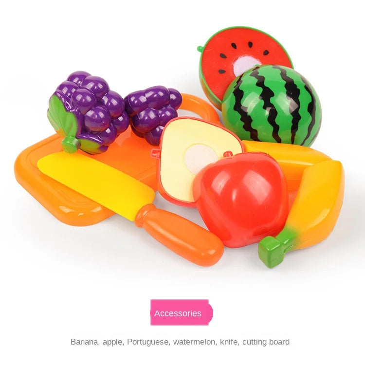 An assortment of pretend play food including banana, apple, Portuguese, watermelon, knife, and cutting board.
