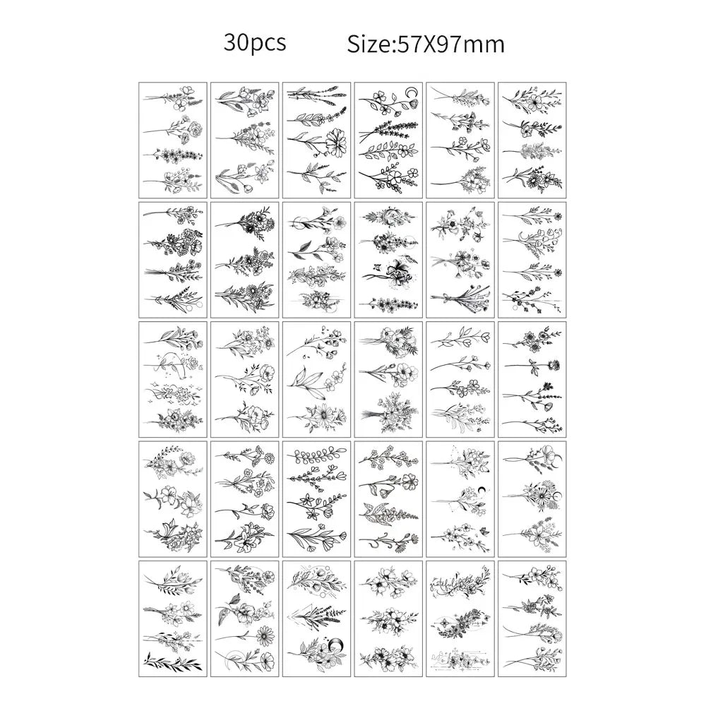 A grid of 30 temporary tattoos featuring various floral and nature designs for kids and adults.
