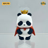 A collectible figure of a panda wearing a gold crown and an orange cape.