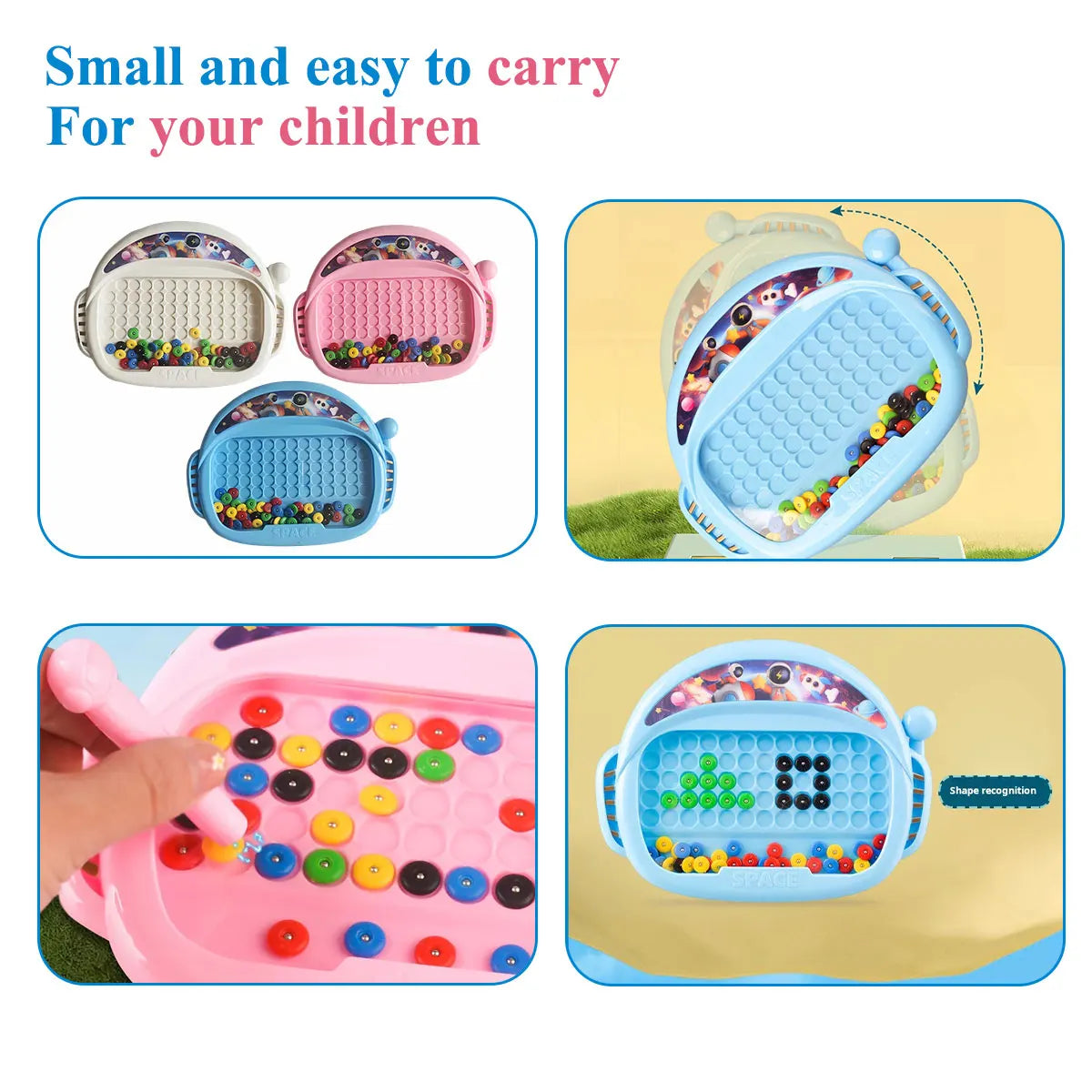 A set of pink and blue magnetic doodle boards for children with pens and beads.