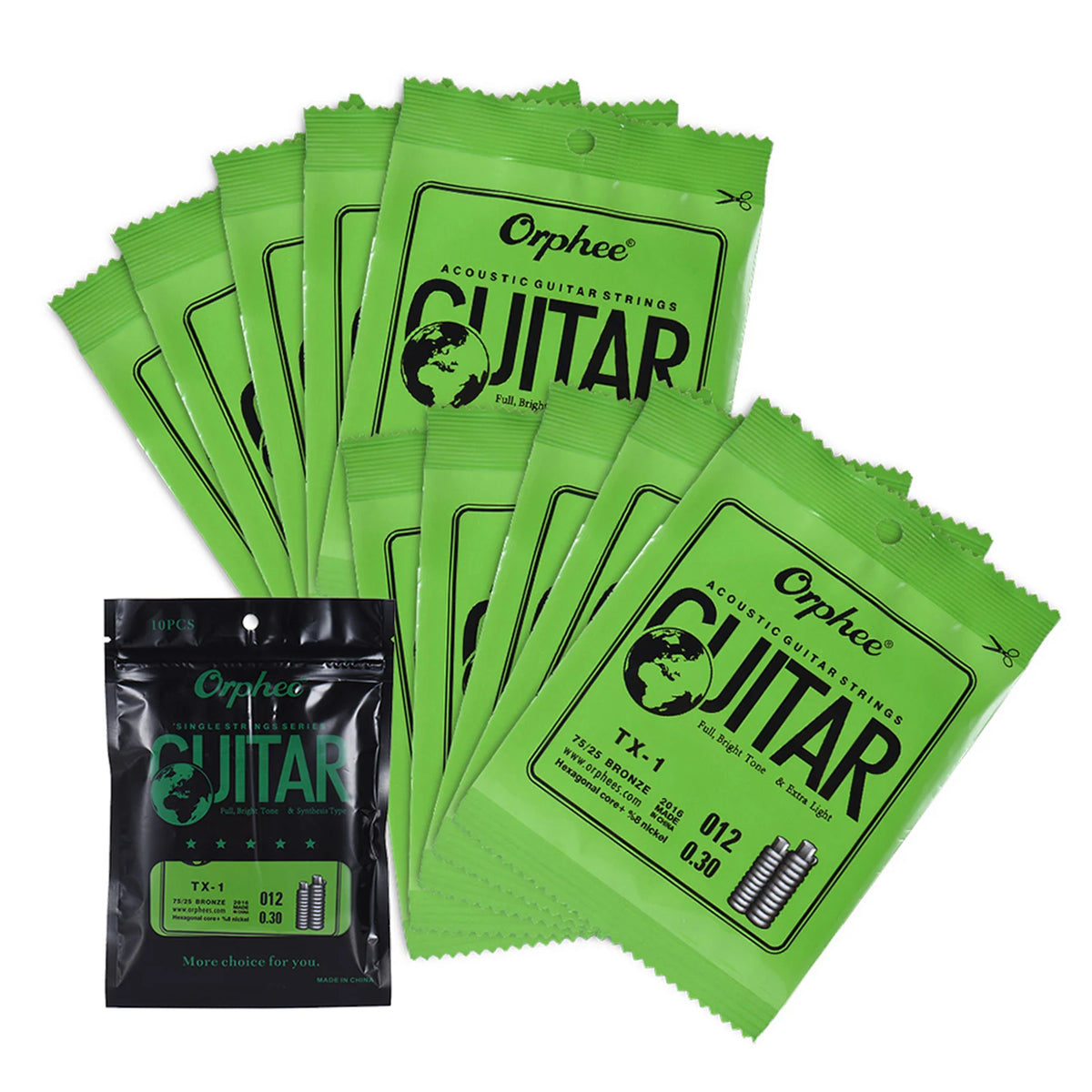 A pack of 10 Orphee acoustic guitar strings in bright green packaging.