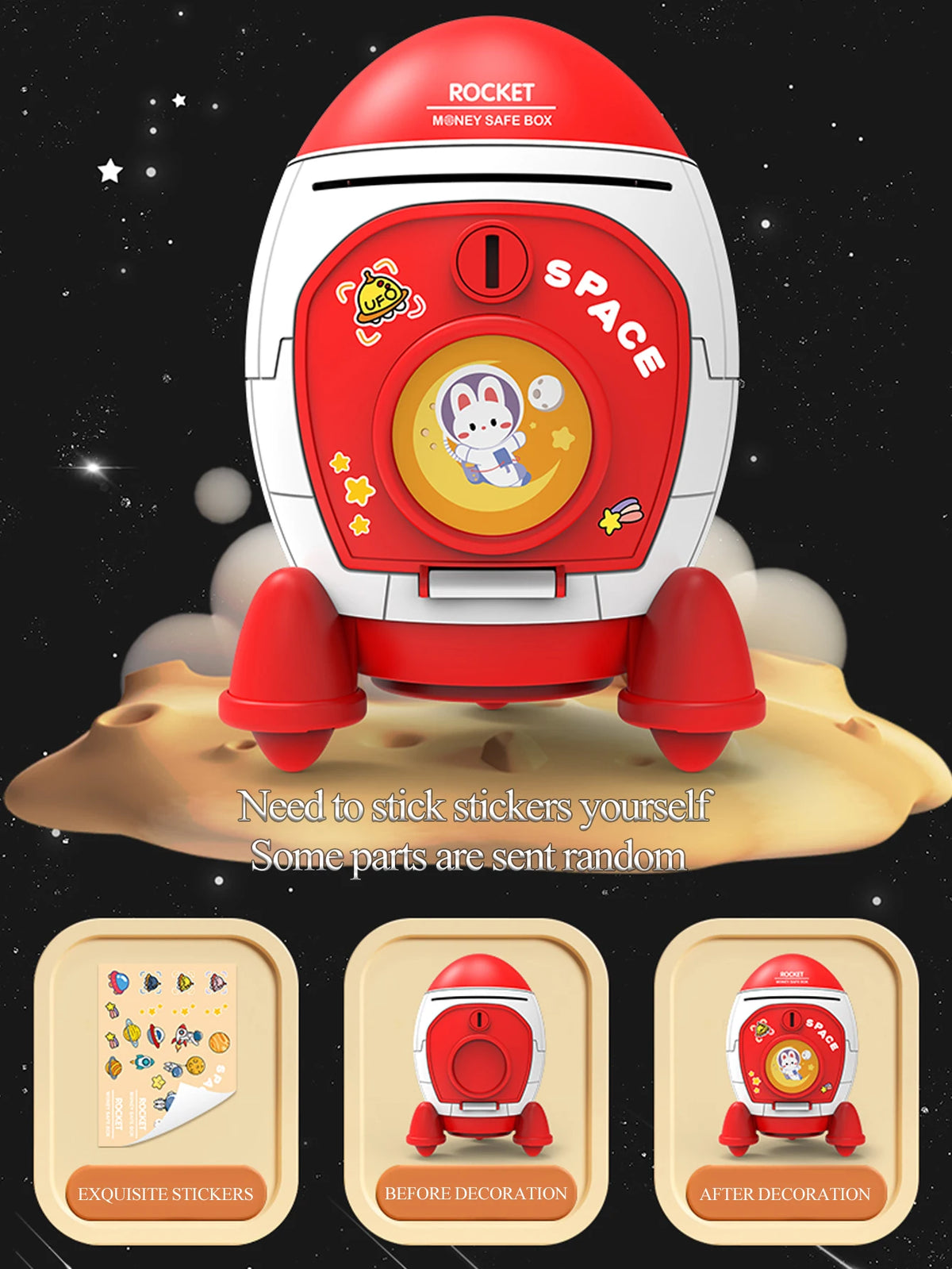A red and white rocket spacecraft toy is shown on a moon surface, with separate packages for stickers before and after decora