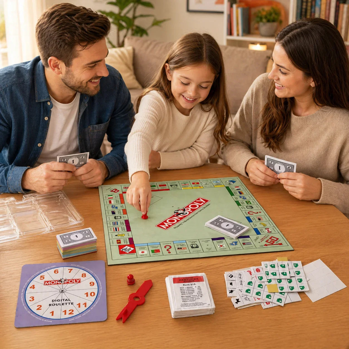 A family playing Monopoly board game around a table with cards and tokens.