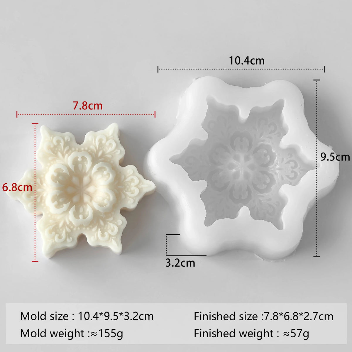 A white silicone mold with a snowflake design is shown next to its finished product, measuring 10.4cm by 9.5cm.