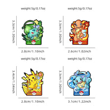 A set of four cute cartoon enamel pins featuring characters like a green dragon, a yellow creature, and a blue monster.