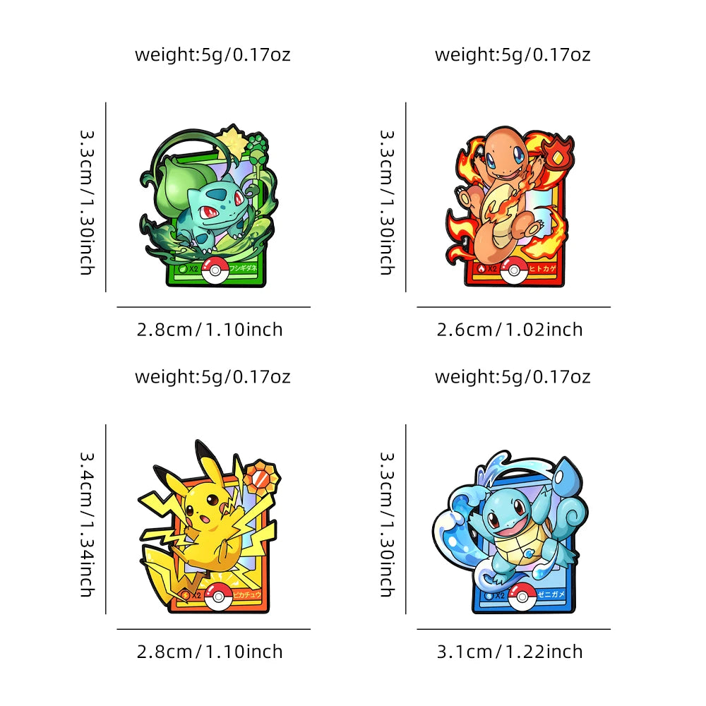 A set of four cute cartoon enamel pins featuring characters like a green dragon, a yellow creature, and a blue monster.