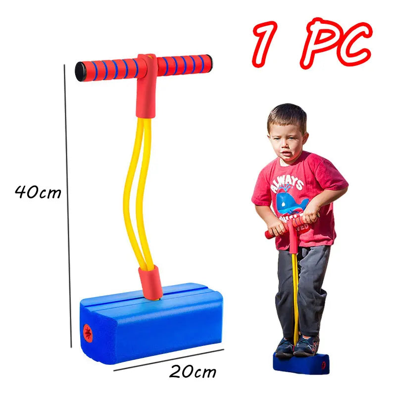 A red and yellow balance stone sensory training toy set with a handle and blue base is shown next to a child.
